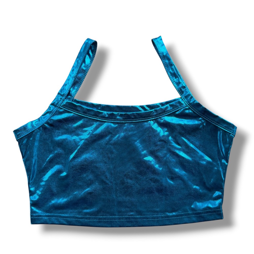 Women's Med Light Blue Metallic Foil Cropped Scoop Neck Tank Rave Festival Party